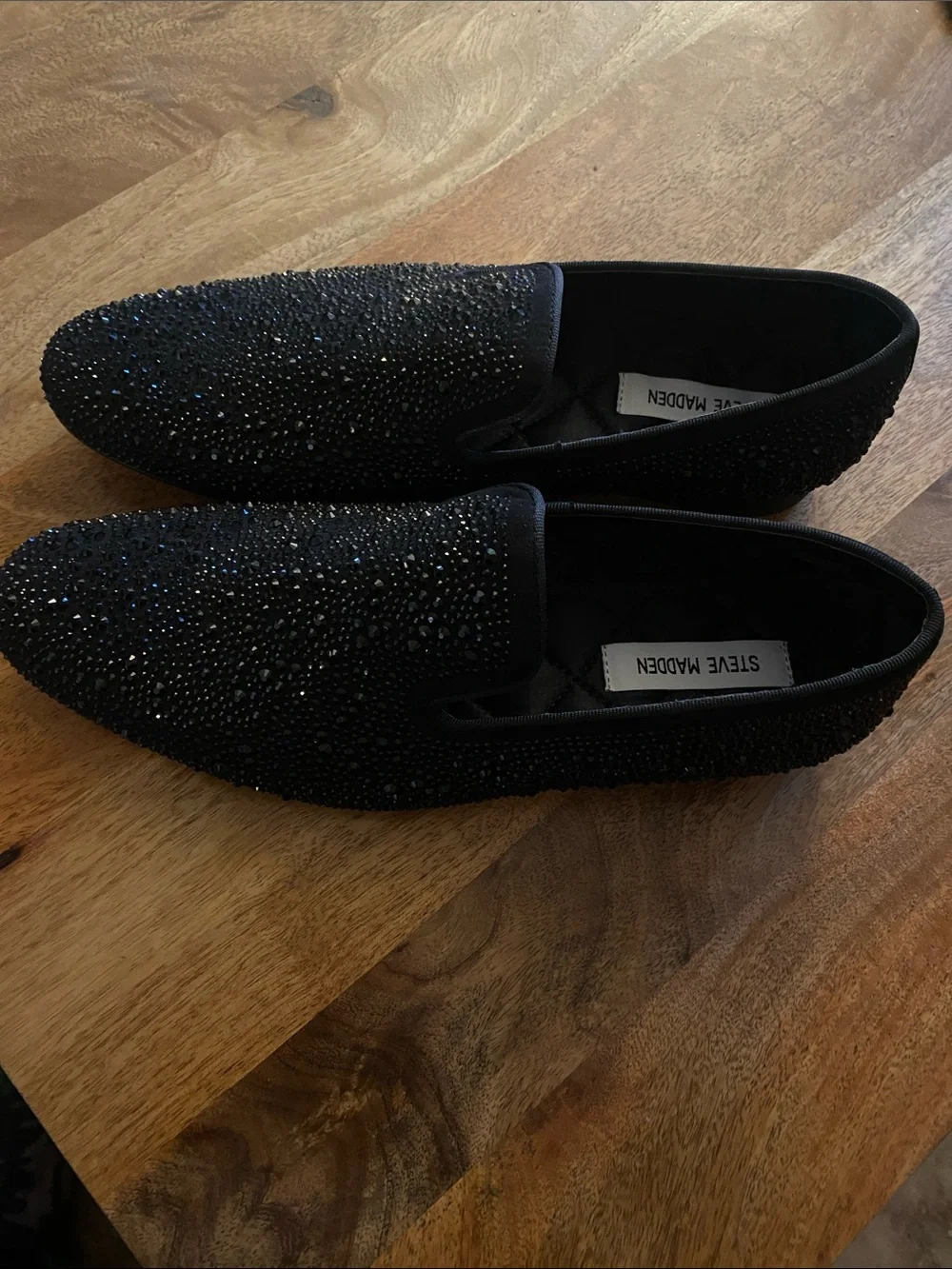 Steve Madden Black Crystal-Embellished Slip-On Loafers